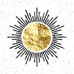 Vintage grunge sunburst sunset beams. Gold foil, shiny handmade circles. Golden glittering texture, pattern. Hand drawn bursting sun, light rays. Logotype, lettering, retro style. Vector illustration