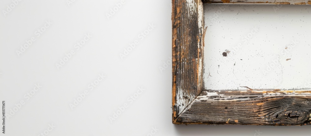 Poster close up of a vintage wood frame on white background. with copy space image. place for adding text o