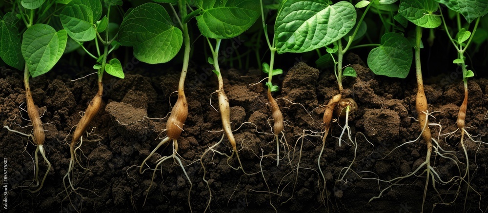 Poster roots with leaves of fresh soy. germinated soybean sprouts in the soil. copy space image. place for 