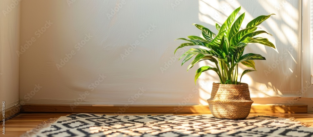Poster Green Plant on Wood Table with Geometric Rug. with copy space image. Place for adding text or design