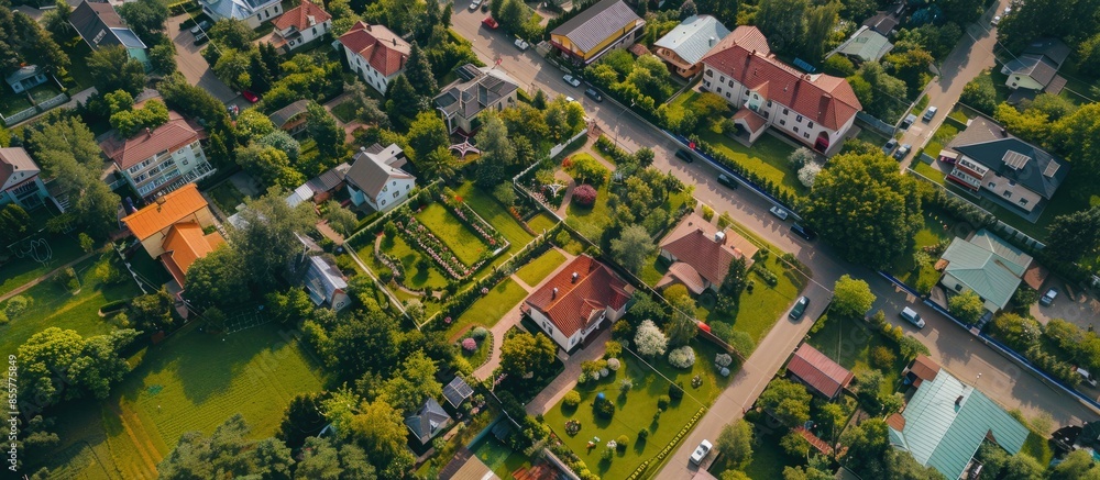 Poster aerial view of area for pleasant living in suburban district. houses with beautiful gardens. copy sp