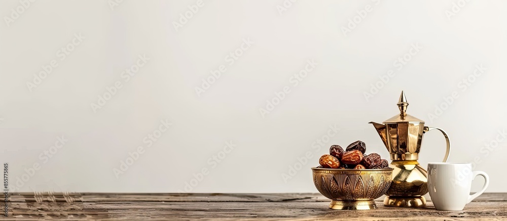 Poster Dates in a golden bowl with a coffee pot and cups on a wooden floor and a white background , luxury shoot. Copy space image. Place for adding text or design