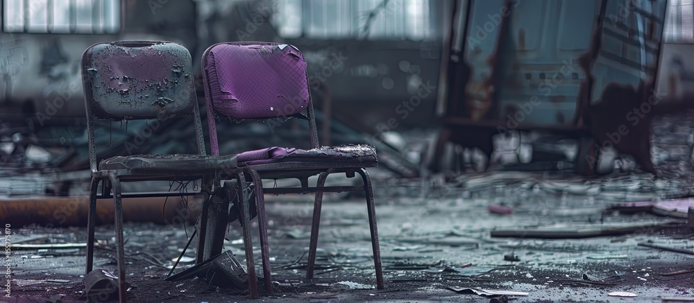 Aufkleber old abandoned steel chairs. broken, black and purple colour. . with copy space image. place for addi