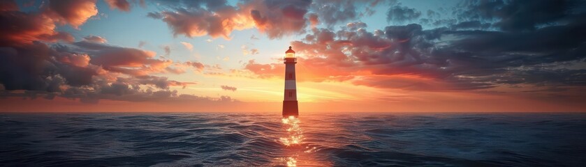 A lighthouse illuminating a path over uncharted waters, symbolizing the vision guiding exploration towards a promising future