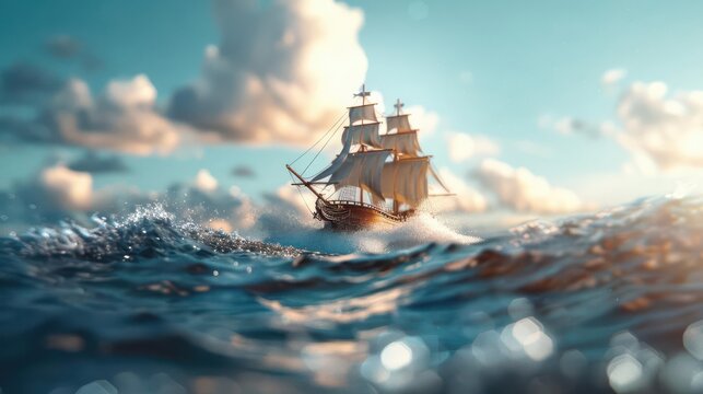 A majestic sailing ship navigates through choppy waves under a vibrant blue sky.  Photogenic clouds add drama to this dreamy scene.