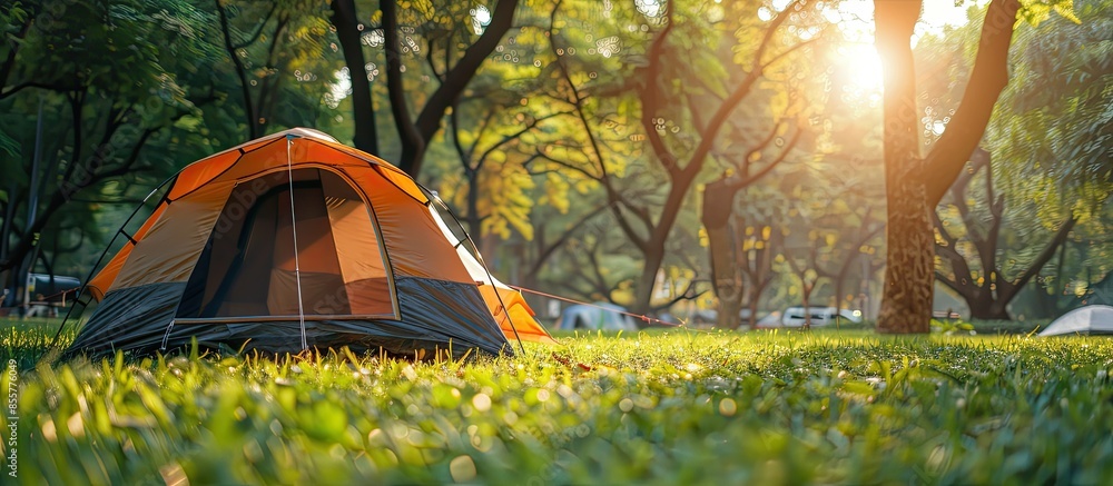 Poster camping tents on the grass of outdoor parks in sunny days. copy space image. place for adding text o