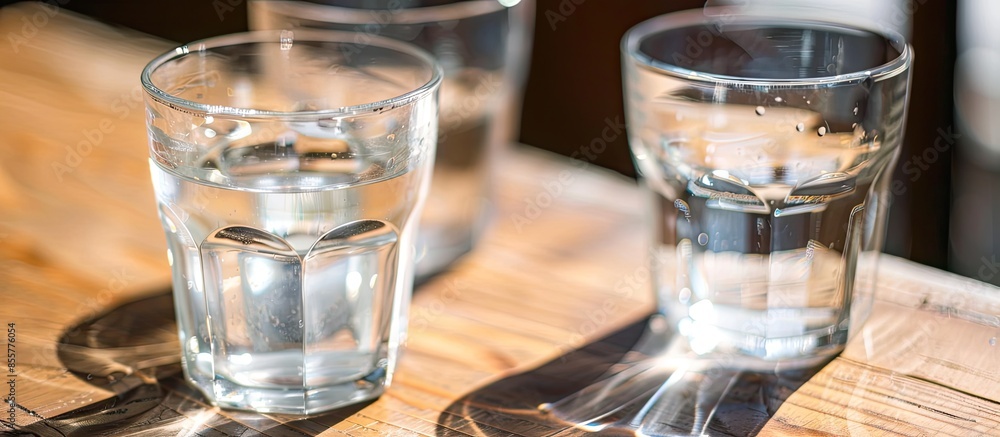 Poster Glasses of water on a wooden table. Selective focus. Shallow DOF. with copy space image. Place for adding text or design