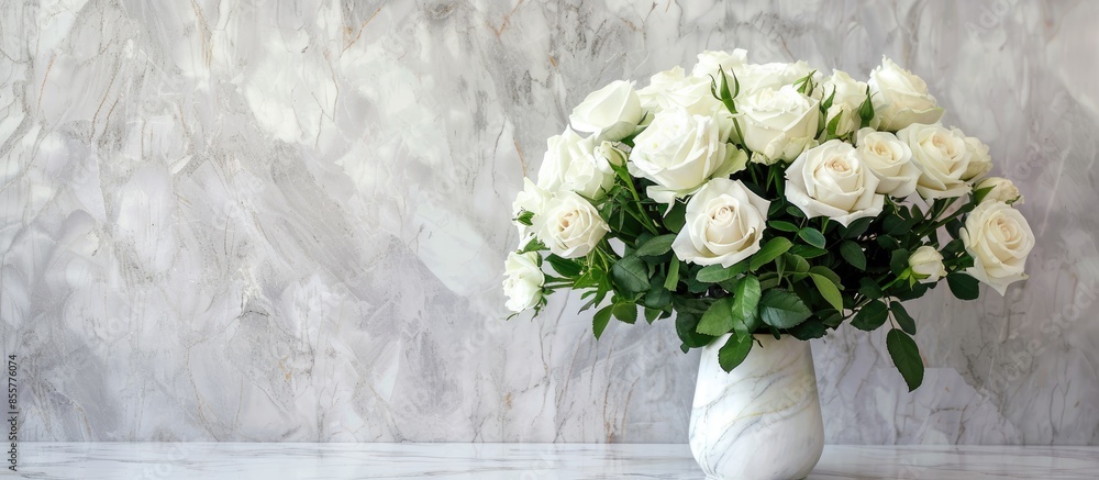 Poster Bouquet of white roses on marble table in interior of the Baroque style. with copy space image. Place for adding text or design