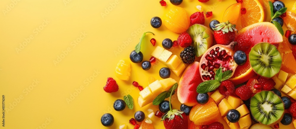 Leinwandbilder delicious exotic fruit salad on yellow background, top view. space for text. copy space image. place