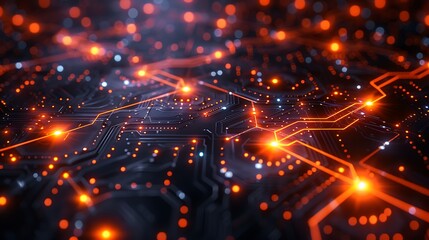 Fototapeta premium A detailed image of a grid with integrated circuit board lines, emphasizing technology and connectivity. The glowing circuit lines and intricate patterns are set against a dark background