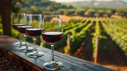 Elegant Wine Tasting Setup with Vineyard Background Sophisticated Wine Concept