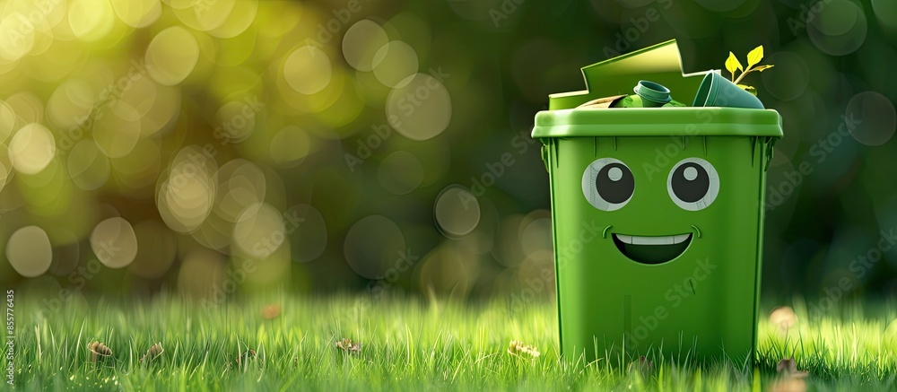 Poster smiling cute garbage bin character full of organic biodegradable waste, separate waste collection an