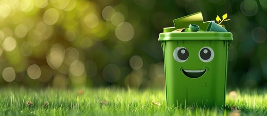 Smiling cute garbage bin character full of organic biodegradable waste, separate waste collection and recycling concept. Copy space image. Place for adding text or design