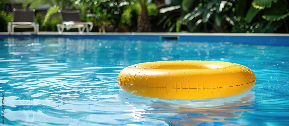 Poster inflatable wheel for learning to swim in the garden pool. Copy space image. Place for adding text or design