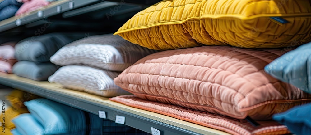 Poster pillows on the shelves in the store. comfortable sleep and cozy home. close-up. vertical. with copy 
