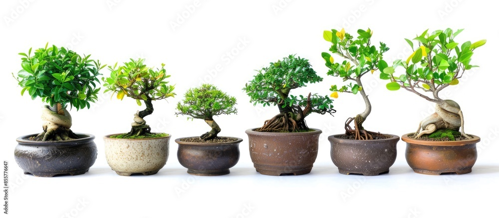 Aufkleber small bonsai plants in pots are a hobby for decorating the garden isolated on white background. copy