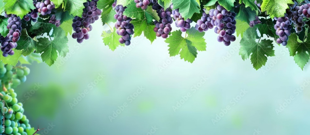 Poster grape tree delicious healthy fruits from home garden. copy space image. place for adding text or des
