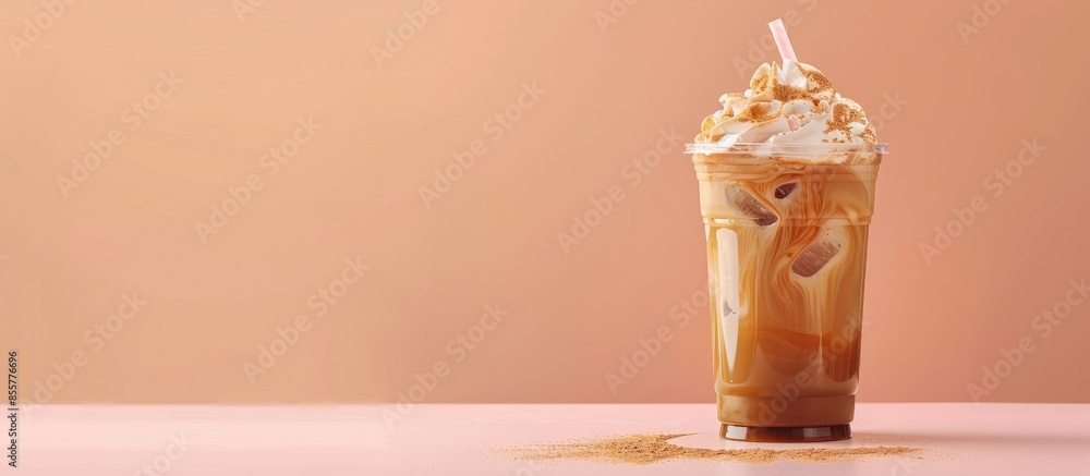 Poster iced coffee mocha pastel background ice coffee food. with copy space image. place for adding text or
