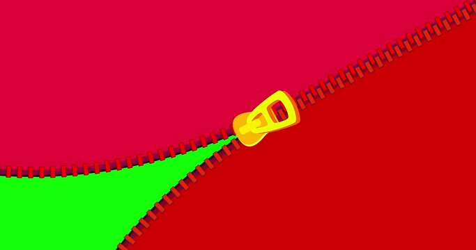Zipper transition wipe curtain across red isolated background. Cartoon fastener binder animation preset. Motion design element. Business, art, education, science, fashion.
