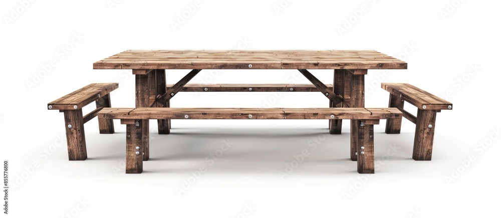 Leinwandbilder Standard table with benches on either side of the table isolated on white background. This has clipping path. with copy space image. Place for adding text or design