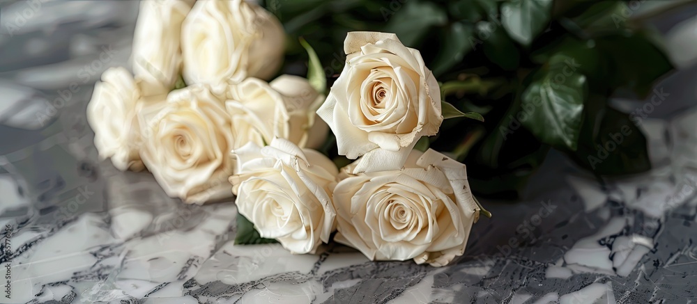 Aufkleber bouquet of white roses on marble table in interior of the baroque style. with copy space image. plac