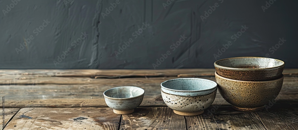 Poster Empty bowls and cups on a wooden table. with copy space image. Place for adding text or design