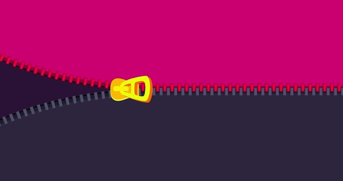 Zipper transition wipe horizontal gray violet red isolated background. Cartoon fastener binder animation preset. Motion design element. Business, art, education, science, fashion.