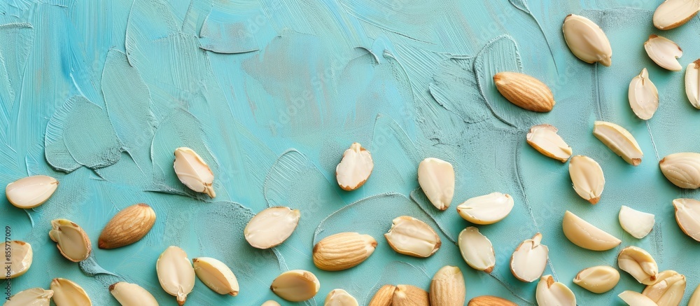 Poster half cut green almonds with seeds / cagla badem. pastel background. with copy space image. place for