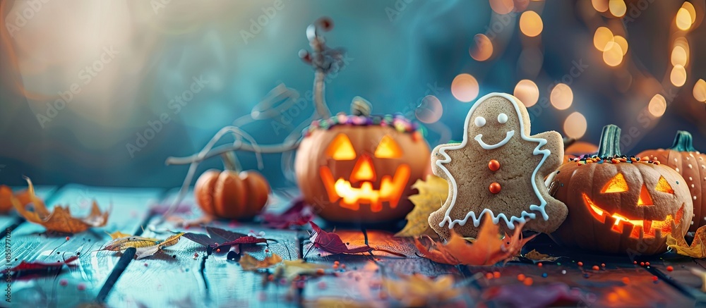 Poster happy halloween! sweets and cookies on the table in the home. preparation for holiday. halloween hom