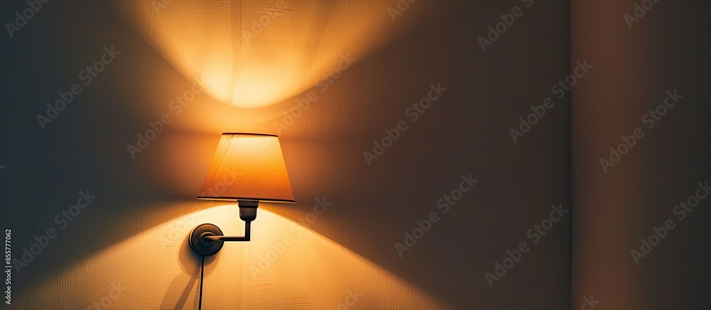 Poster Small lamp with brown light shine to the wall. Spot light concept. with copy space image. Place for adding text or design