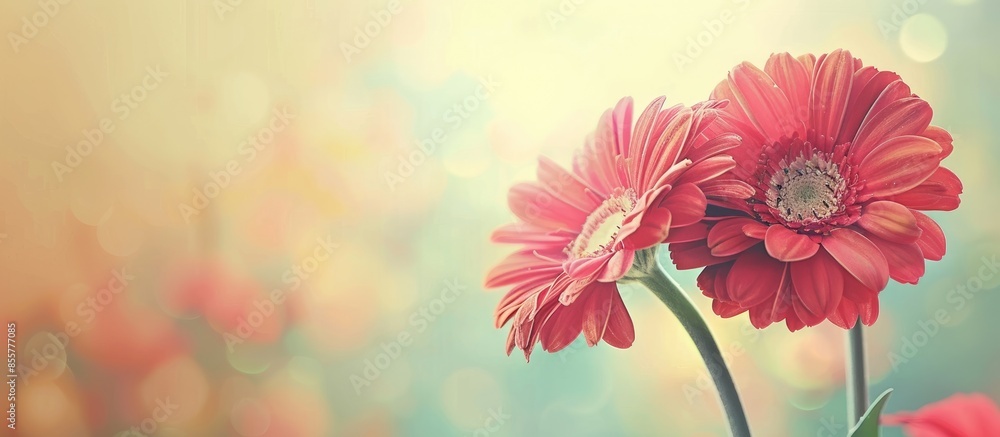 Poster bright and colorful bouquet of red gerberas pastel background. with copy space image. place for addi