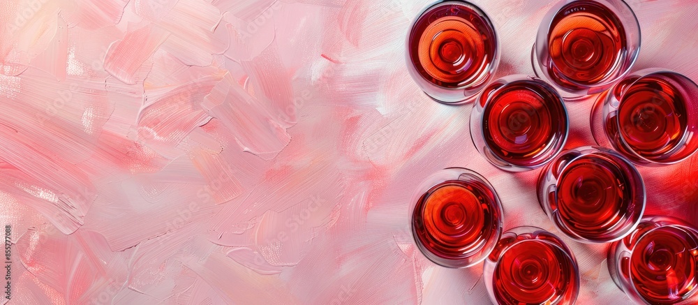 Poster Many glasses of red wine at wine tasting. Concept of red wine on colopastel background. Top view, flat lay design. with copy space image. Place for adding text or design