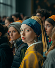 A woman wearing pearl earrings stands in the crowd at the art gallery