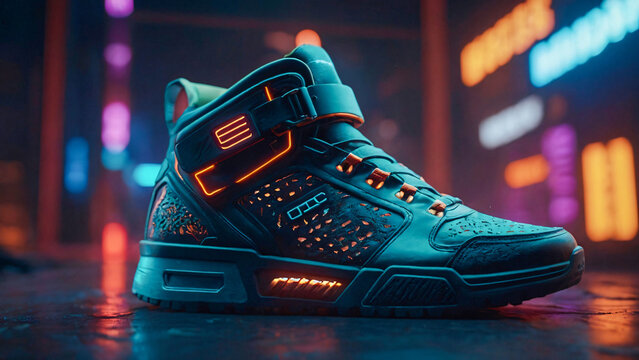 Futuristic Neon-Lit High-Top Sneaker in Urban Nightlife - Powered by Adobe