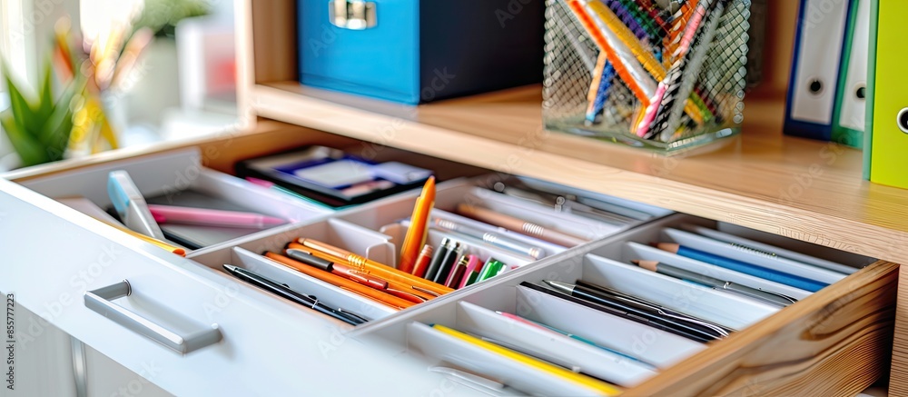 Poster Different stationery in open desk drawer indoors. with copy space image. Place for adding text or design