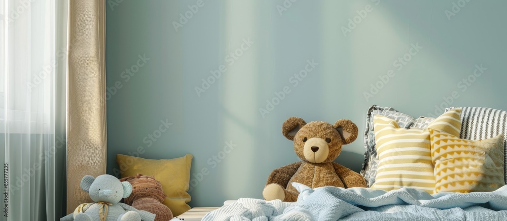 Poster bed with pillows in modern children room. with copy space image. place for adding text or design