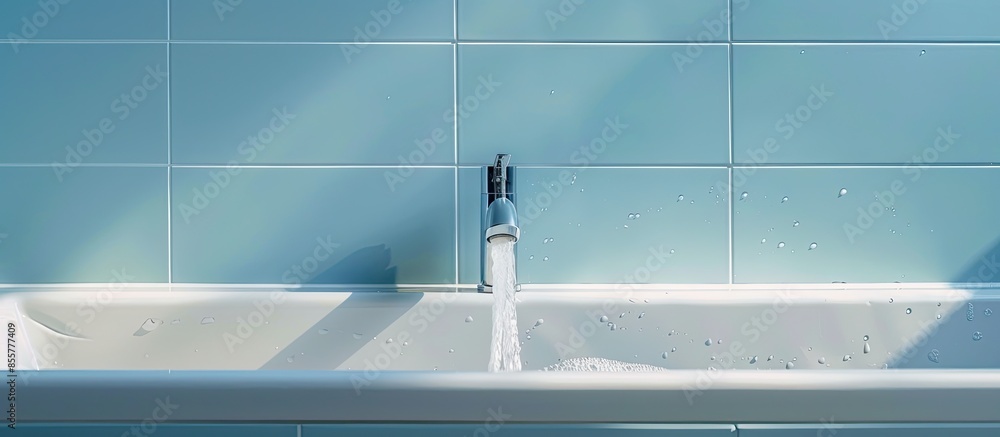 Aufkleber a tap with water coming out in a bath with  tiles. with copy space image. Place for adding text or design