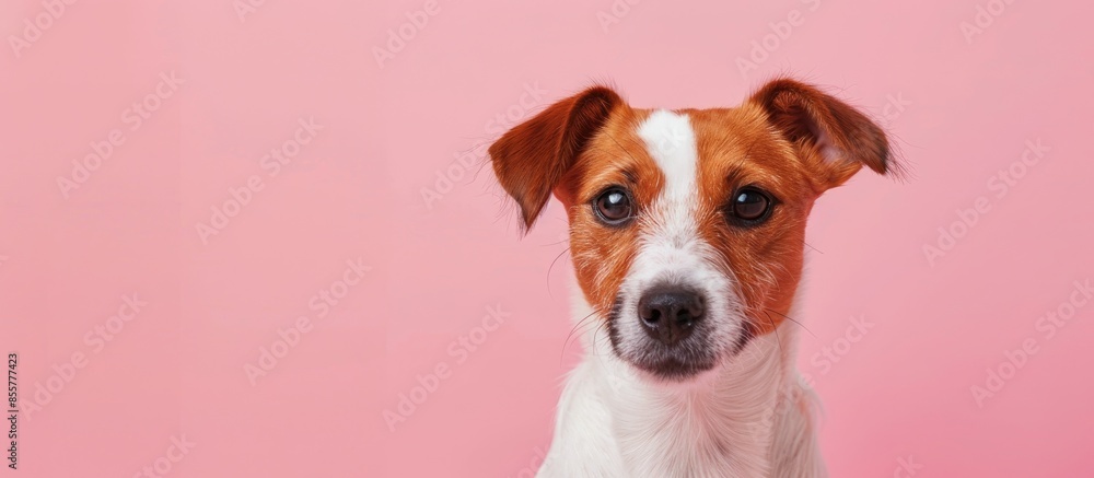 Aufkleber portrait of a cute mixed breed red and white dog on a pastel background. with copy space image. plac