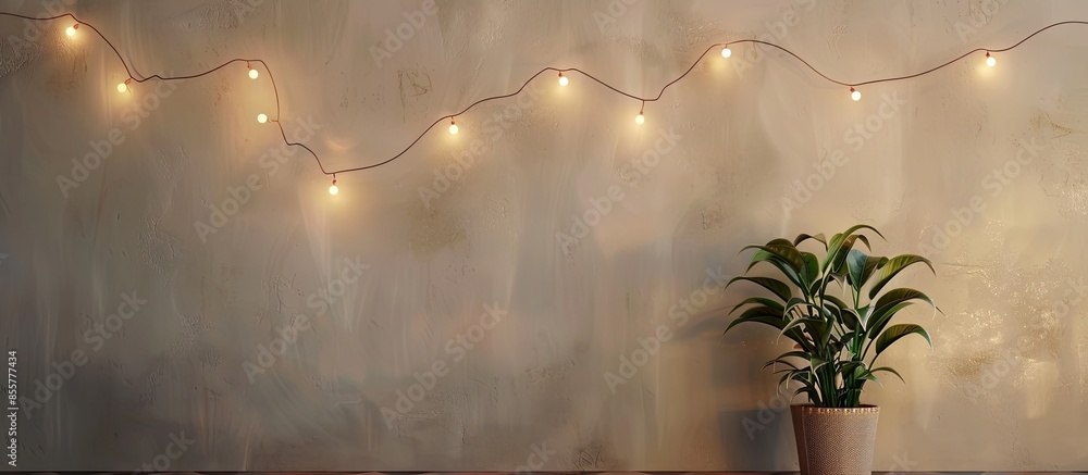 Poster Potted plant under the string lights on a wall. with copy space image. Place for adding text or design