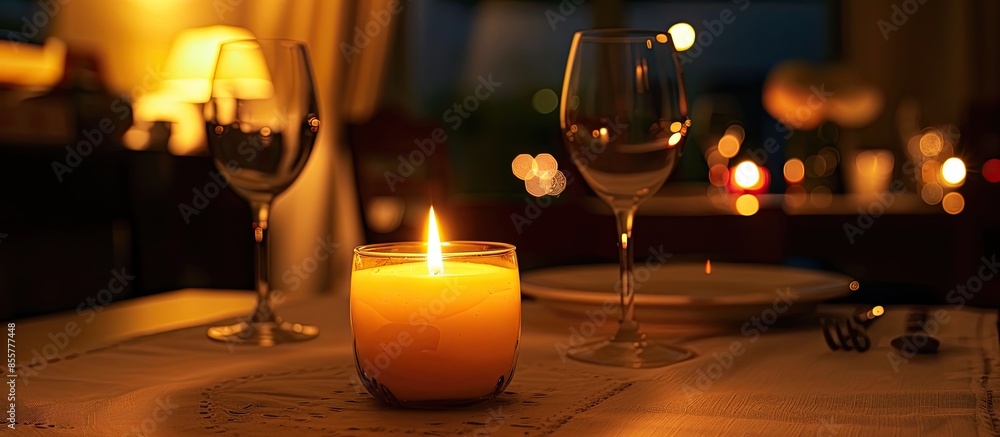 Poster A lit candle on a table in a dining room. with copy space image. Place for adding text or design