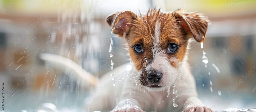 Aufkleber The puppy is taking a shower. with copy space image. Place for adding text or design