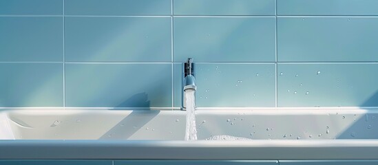 a tap with water coming out in a bath with  tiles. with copy space image. Place for adding text or design