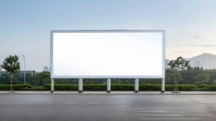 Fototapeta premium Large blank billboard on a roadside, perfect for advertising, with a beautiful green park in the background.