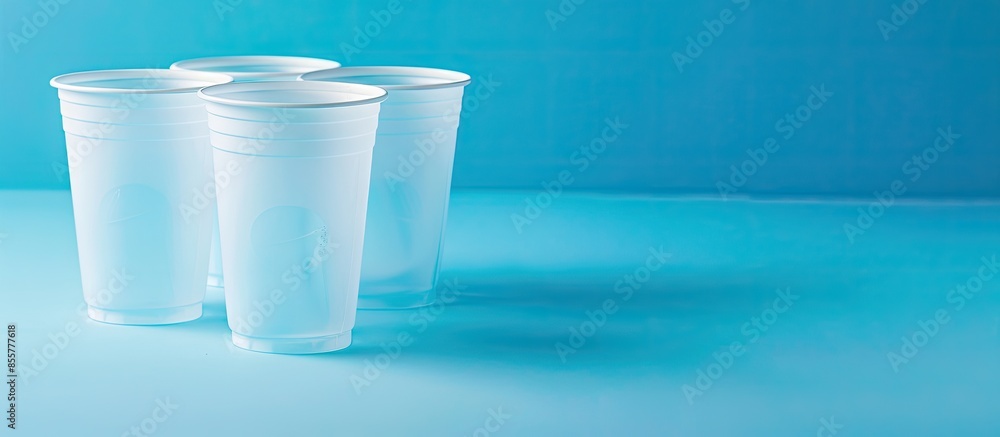 Aufkleber disposable plastic cups on a blue background. copy space image. place for adding text or design