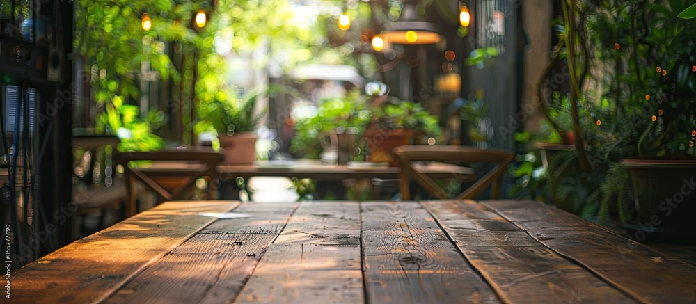Poster selected focus empty brown wooden table and coffee shop blur background with bokeh image, for produc
