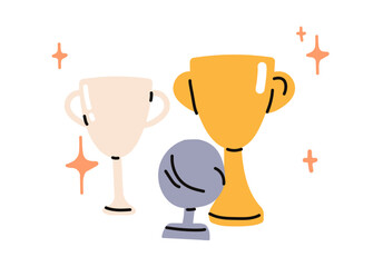 Trophy cup award, stars, achievement, winners goblets, success, rewards, first places, victory and leadership medal concept flat vector illustration.
