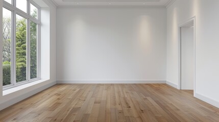 Spacious empty room with large windows, white walls, and hardwood floor, perfect for interior design or real estate projects.