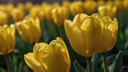 Obraz premium Captivating close-up of a single vibrant yellow tulip, showcasing intricate folds and velvety texture against blurred greenery backdrop.