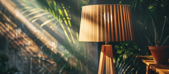 A wooden lamp standing in an office being reflected bu sun rays. with copy space image. Place for adding text or design