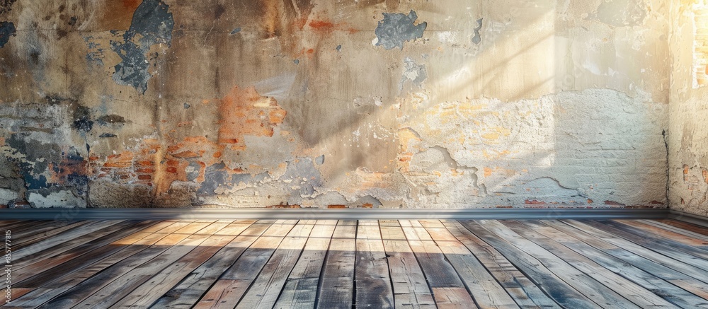 Poster Empty room with old wood floor and rough plaster walls. with copy space image. Place for adding text or design